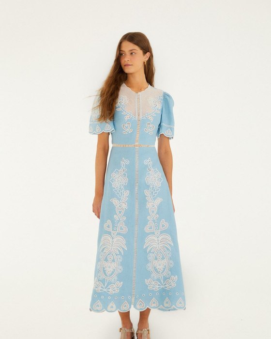 A light blue embroidered midi dress.